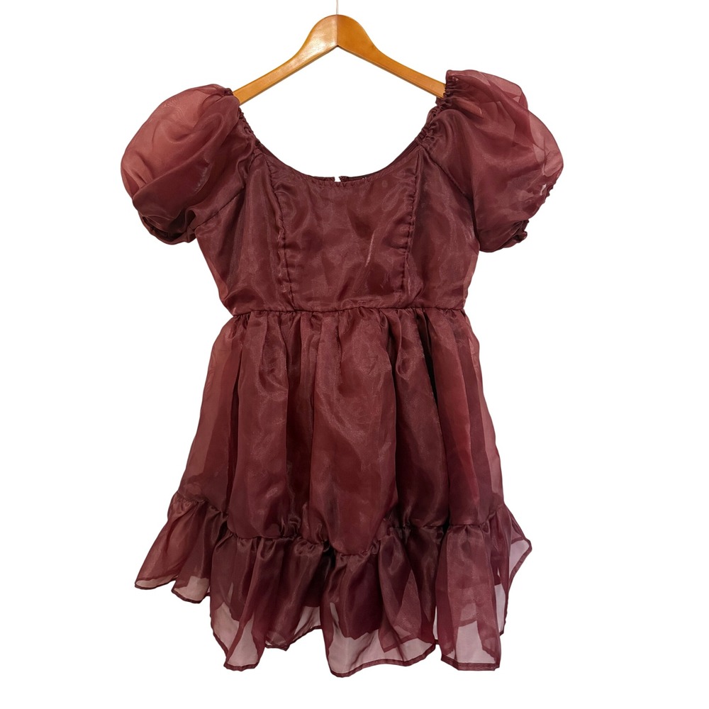 Cosmic Aura Women Mini Dress XL Burgundy Puff Sleeve Organza Fairycore Babydoll